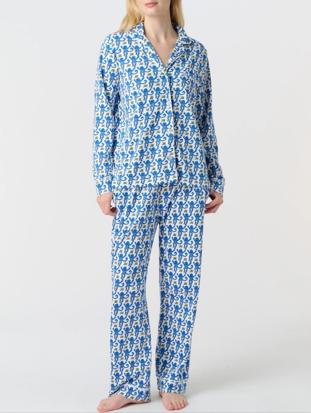 Roller Rabbit Blue Original Monkey Monkeys Bananas Pajamas Pajama Polo Set